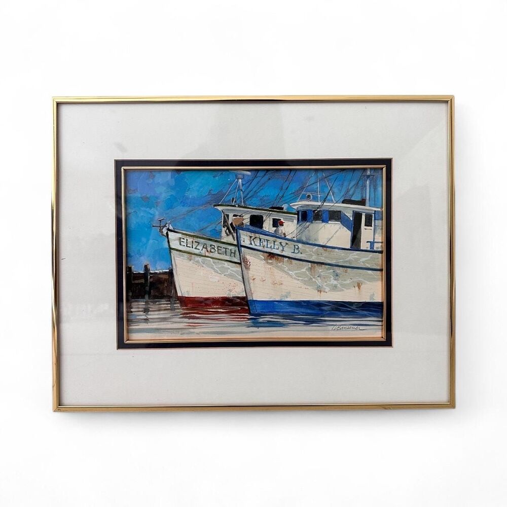 Roger Bansemer American Coastal Painting: SHRIMP BOATS, Framed, Nautical